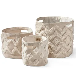 Set of 3 Tufted Canvas Bins - Decorative Cotton Baskets for Everyday Use, Machine Washable, 9 in H x 10 in Dia