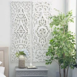 Set of 2 White Mango Wood Farmhouse Abstract Wall Decor, 16
