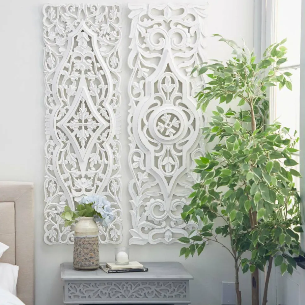Set of 2 White Mango Wood Farmhouse Abstract Wall Decor, 16" x 48"