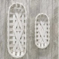 Set of 2 Whitewash Oval Tobacco Baskets Wall Hanging Woven Rustic Storage Decor