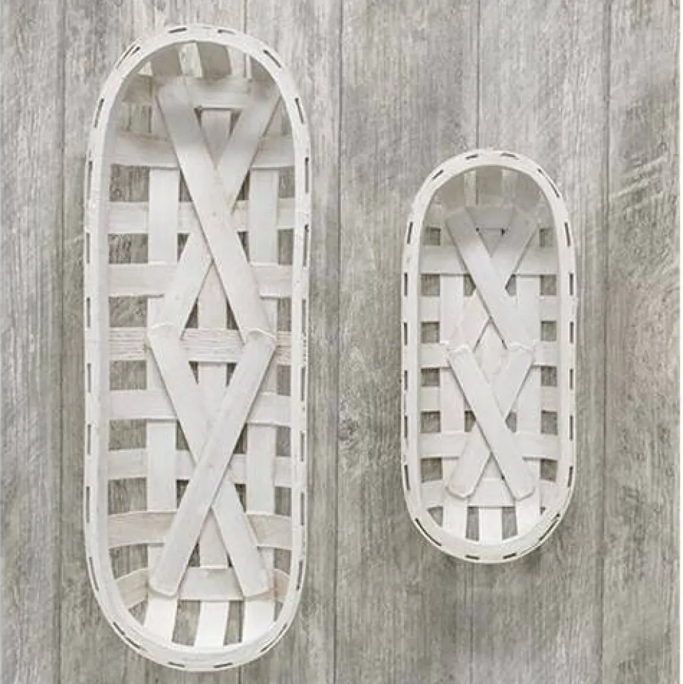 Set of 2 Whitewash Oval Tobacco Baskets Wall Hanging Woven Rustic Storage Decor