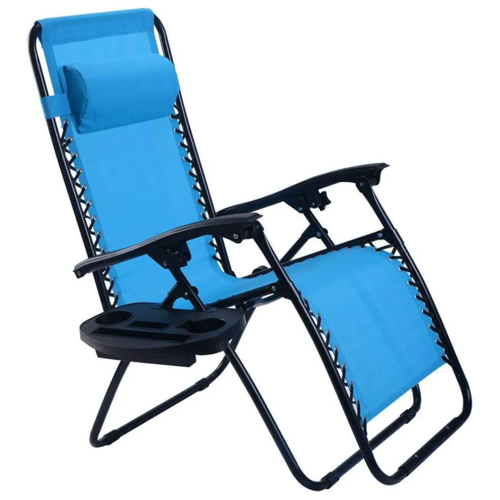 Set of 2 Zero Gravity Steel Frame Reclining Chairs with Lockable Positions and Removable Headrest, Tray