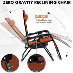 Set of 2 Zero Gravity Steel Frame Reclining Chairs with Lockable Positions and Removable Headrest, Tray