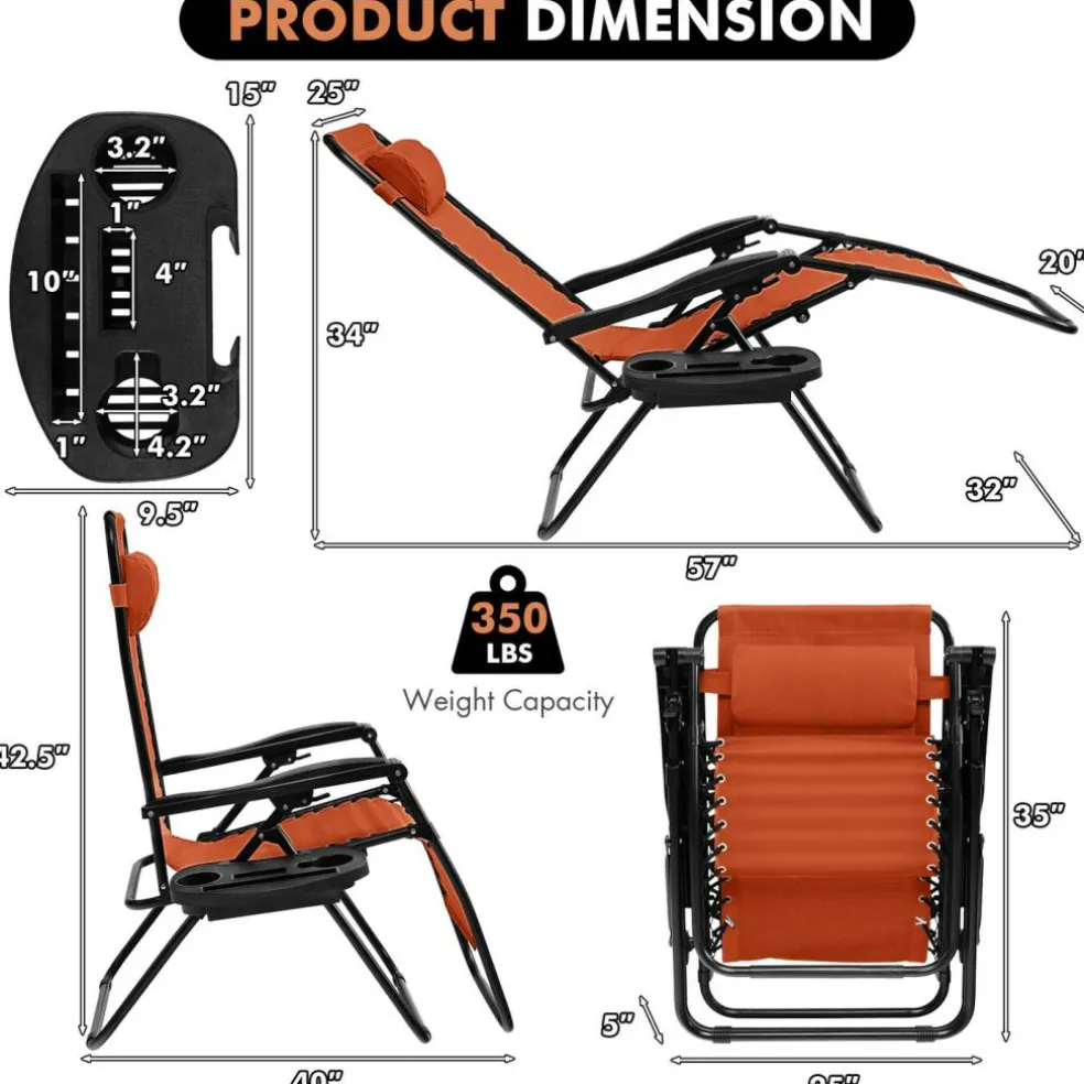 Set of 2 Zero Gravity Steel Frame Reclining Chairs with Lockable Positions and Removable Headrest, Tray