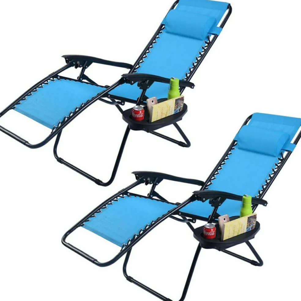 Set of 2 Zero Gravity Steel Frame Reclining Chairs with Lockable Positions and Removable Headrest, Tray