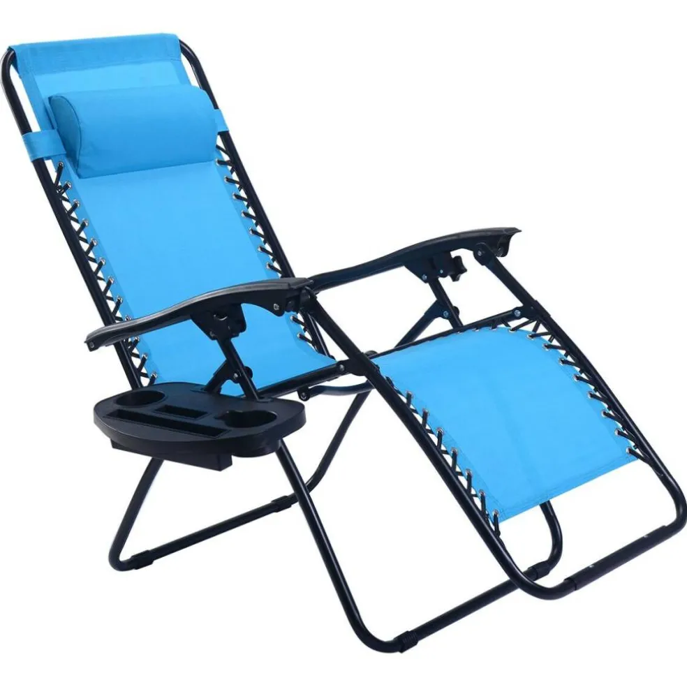 Set of 2 Zero Gravity Steel Frame Reclining Chairs with Lockable Positions and Removable Headrest, Tray