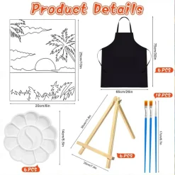 6 Set Pre Drawn Canvas for Painting for Adults Sip and Paint Kit with Easels 8 x 10 Inches Paint Party Kit with Printed Canvas Paints Brushes Palette Apron(Seaside Sunset)