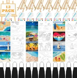 12 Set Pre-Drawn Canvas Painting Kit with Easels, 8x10 Inch Beach Sip & Paint Party Set with Acrylic Paints, Brushes, Palettes & Aprons for Adults Beginners DIY Creative Art Craft Kit