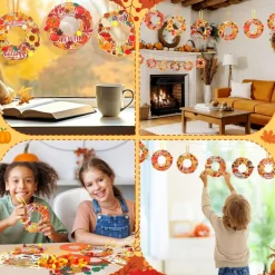 48 Sets DIY Autumn Wreath Craft Kit for Kids – Fall Paper Wreath Hanging Ornaments with Pumpkin, Maple Leaf & Harvest Stickers | Thanksgiving Party Activity Supplies, Classroom Crafts, Home Décor & Party Favors