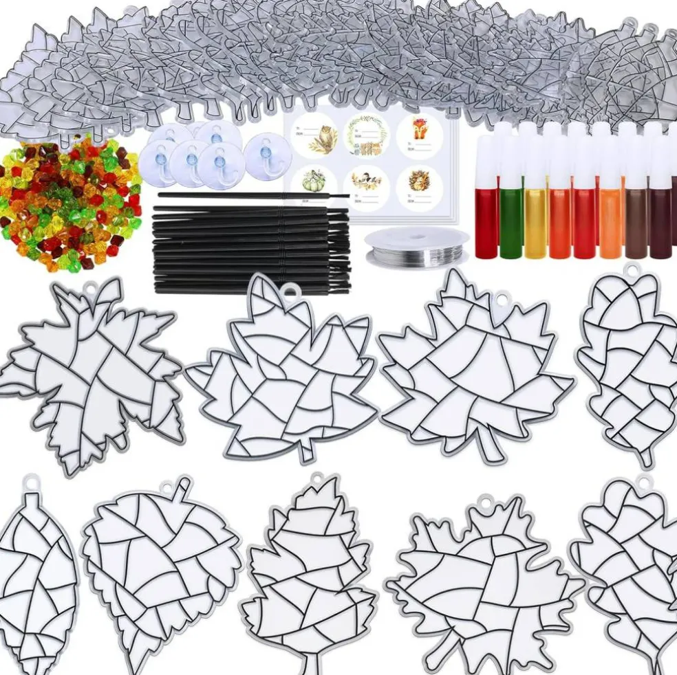 27 Sets Fall Leaf Suncatcher Craft Kit – DIY Window Art Painting Set with Maple, Oak & Autumn Leaf Designs | Includes Paints, Beads, Brushes, Hooks & Strings for Kids Classroom, Thanksgiving & Harvest Activities