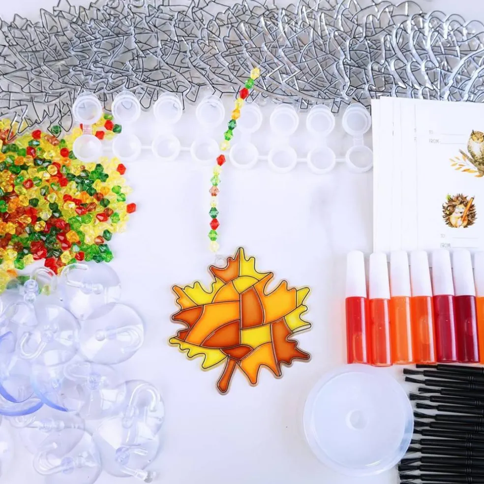 27 Sets Fall Leaf Suncatcher Craft Kit – DIY Window Art Painting Set with Maple, Oak & Autumn Leaf Designs | Includes Paints, Beads, Brushes, Hooks & Strings for Kids Classroom, Thanksgiving & Harvest Activities