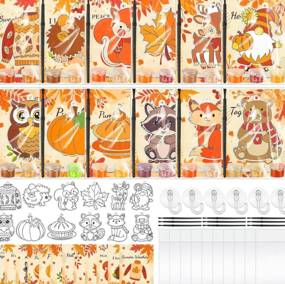 24 Sets Fall Thanksgiving Suncatchers Ornaments Decorations DIY (Multicolor) 9.84 x 5.91 x 3.54 inches
