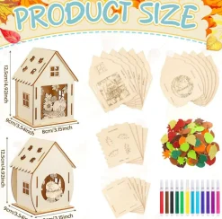 12 Sets Fall Wooden House Craft Kit, DIY Unfinished Wood Painting Houses with Watercolor Pens and Maple Leaf Stickers, Thanksgiving Harvest Decorations for Kids Adults Table Decor