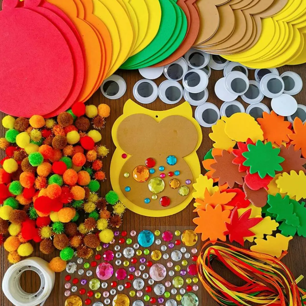 24 Sets Foam Owl Decorations DIY Fall Craft Kit (Orange, Yellow,Golden, Green, Brown, Red)