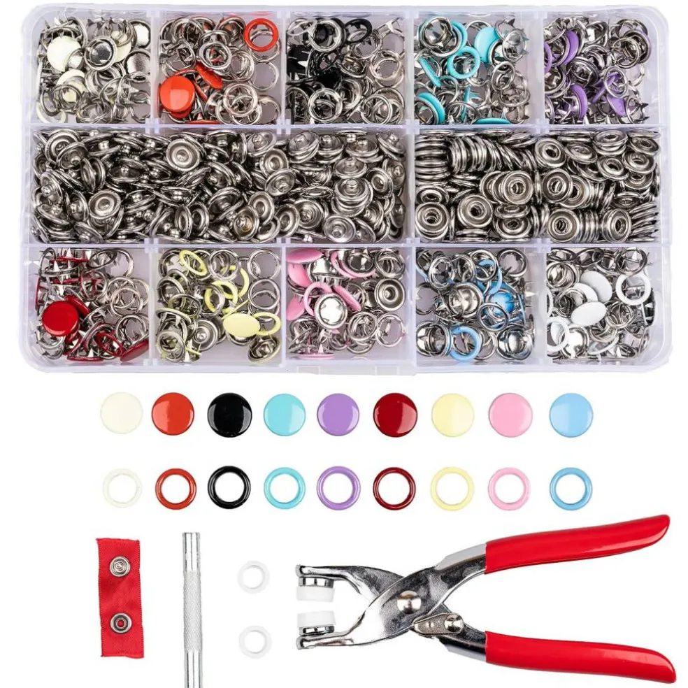 200 Set Snap Button Kit - 9.5mm 10 Colors Snaps for Fabric - Fastener Pliers & Snap Fastener Tool - 100 Hollow & 100 Solid - Suitable for DIY, Sewing, Crafting