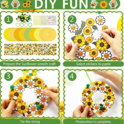 48 Sets Sunflower Craft Kits DIY Paper Wreath Ornaments, Bee Daisy Sticker Craft Activities with Foam Stickers and Hanging Rope, Summer Spring Party Supplies for Kids Classroom Home Decoration