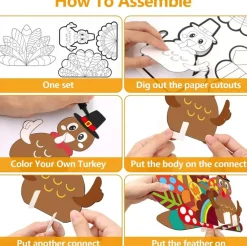 10 Sets Thanksgiving Crafts for Kids, DIY Turkey Puzzle Coloring Craft Kits, Color Your Own Standing Turkey Decorations, Fall Harvest Party Favors for Classroom Activities
