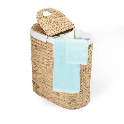 Seville Classics Natural Handwoven Lidded Oval Double Laundry Hamper, 22.75" W x 13" D x 24" H