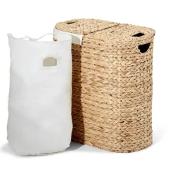 Seville Classics Natural Handwoven Lidded Oval Double Laundry Hamper, 22.75