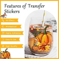 8-Sheet Fall Thanksgiving Rub-On Transfer Stickers – Orange Pumpkin & Autumn Harvest UV DTF Cup Wraps for 16 oz Glass Cups, DIY Seasonal Home & Party Decor