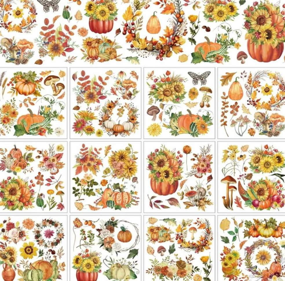 12 Sheet Pumpkin Floral Fall Rub on Transfer for Crafts