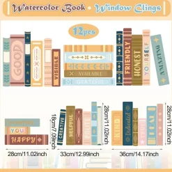 12 Sheets Boho Book Window Clings for Classroom Decor, Back to School Window Stickers with Motivational Quotes, Double Sided Reading Library Decals for Elementary School, Nursery, Daycare Wall Decor