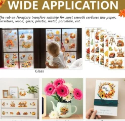 6 Sheets Fall Rub On Transfer Stickers – Vintage Autumn Furniture Decals 6"x12" Pumpkin Sunflower Maple Leaf UV Transfers – Farmhouse DIY Craft Decor for Wood, Glass, Metal & Scrapbooking Projects
