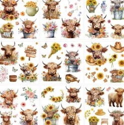9 Sheets Highland Cow Rub On Transfers – Sunflower & Butterfly Furniture Decals – Vintage Farmhouse UV Transfer Stickers for Wood, Glass, Scrapbook & DIY Home Decor (6.5"x6.5")