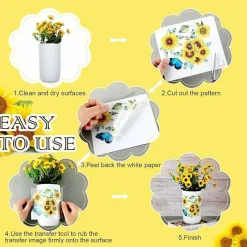 9 Sheets Sunflower Rub On Transfer Stickers – Vintage Floral Butterfly Furniture Decals – UV Transfer Stickers for Wood, Glass, Leather & DIY Craft Home Decor (5.5"x5.7")