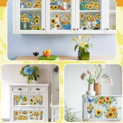6 Sheets Vintage Sunflower Butterfly Rub On Transfers for Furniture and Crafts, Floral Transfer Stickers for Wood, Glass, Doors, Windows and DIY Home Decor, 11.8 x 8.2 Inch