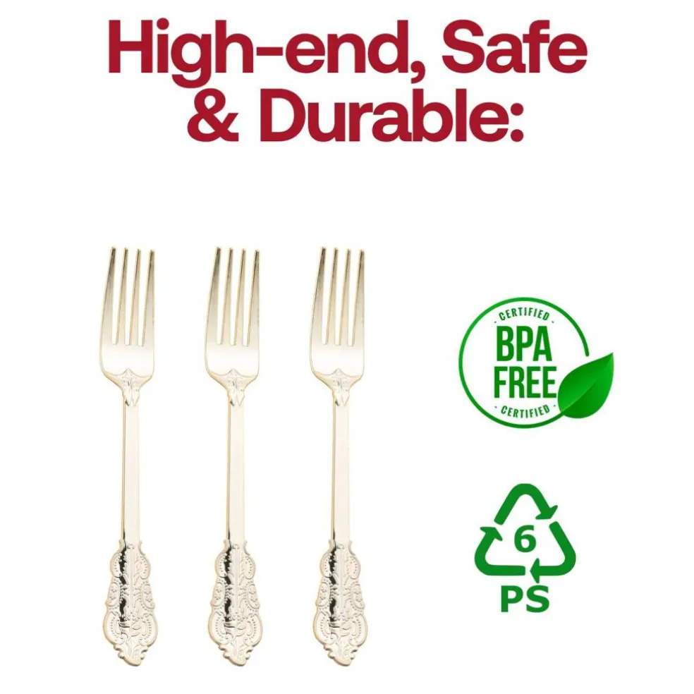 Shiny Baroque Gold Plastic Forks (600 Forks)