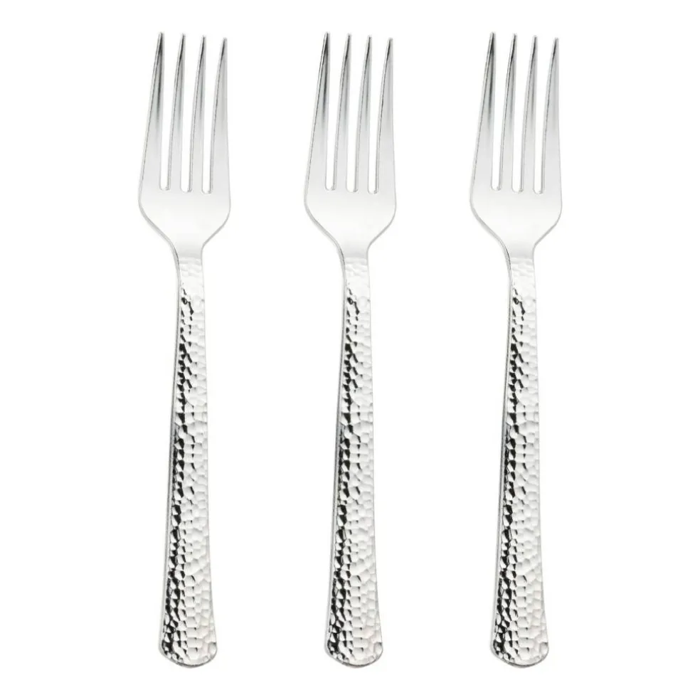 Shiny Metallic Silver Hammered Plastic Forks (1000 Forks)
