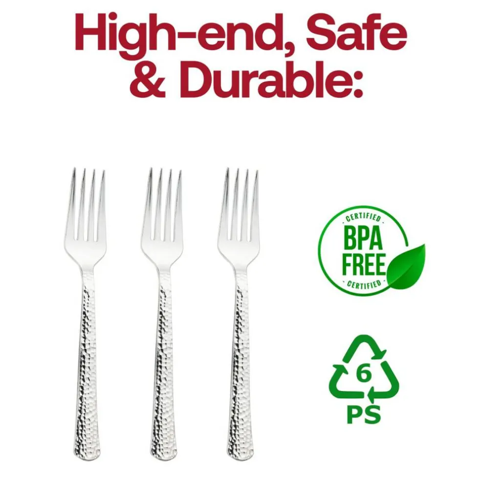 Shiny Metallic Silver Hammered Plastic Forks (1000 Forks)