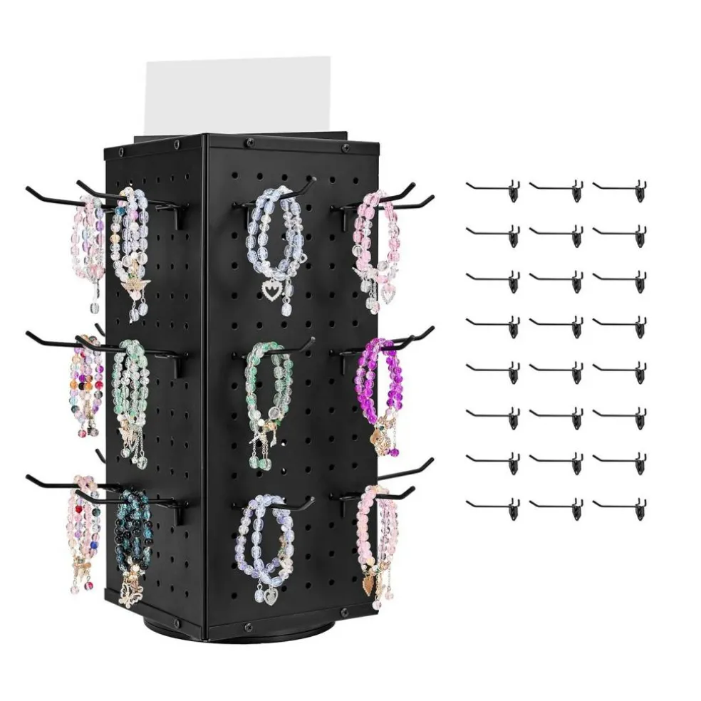 4-Sided Spinning Pegboard Display Rack with 24 Hooks for Tools and Accessories