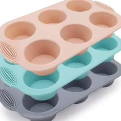Silicone Muffin Pan - 6-Cavity Nonstick Baking Tray for Muffins, Cupcakes, Brownies and More - Food Grade and BPA Free - Pack of 3 Colors (Gray, Orange, Peacock Blue)