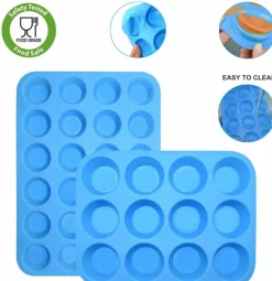Silicone Muffin Pan Cupcake Set – Non-Stick 12 Cups and Mini 24 Cups,Silicone Baking Molds,BPA Free Muffin Tin with 1 Silicone Spatula & 1 Oil Brush (blue)