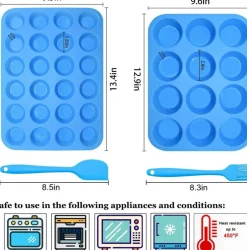 Silicone Muffin Pan Cupcake Set – Non-Stick 12 Cups and Mini 24 Cups,Silicone Baking Molds,BPA Free Muffin Tin with 1 Silicone Spatula & 1 Oil Brush (blue)