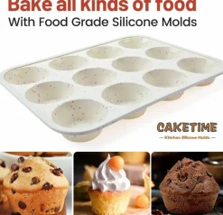 Silicone Muffin Pan, Metal Reinforced Frame Cupcake Pan 12 Cups Regular Size Easy to Move in or Out of Oven Non-Stick (2)