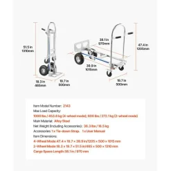 Silver Aluminum Alloy Hand Truck Dolly 2-in-1 1000lb Foldable Utility Cart