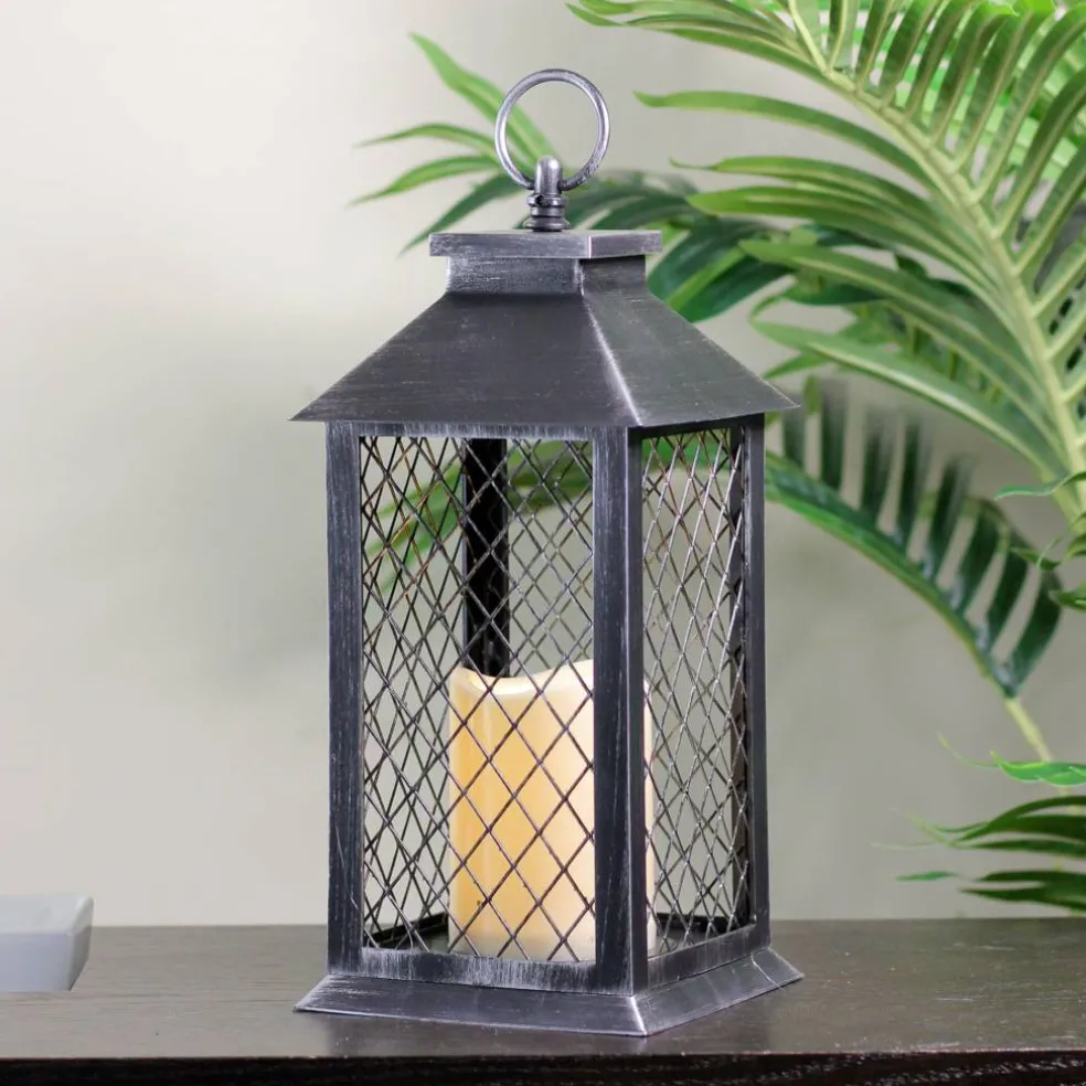11" Silver Brushed Black Mesh Lantern with Flameless LED Candle