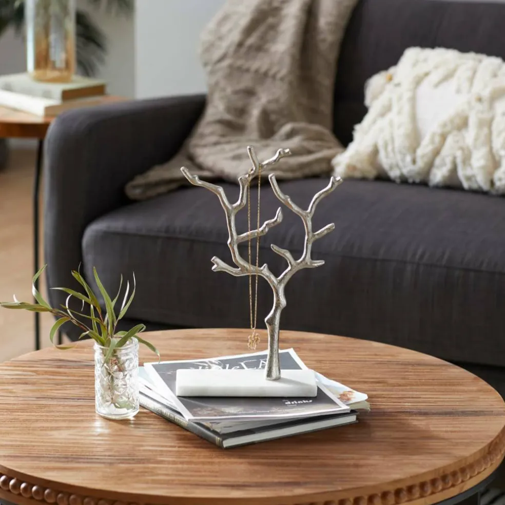 Silver Metal Tree Branch Jewelry Stand With Marble Base, 13" x 9" x 3"