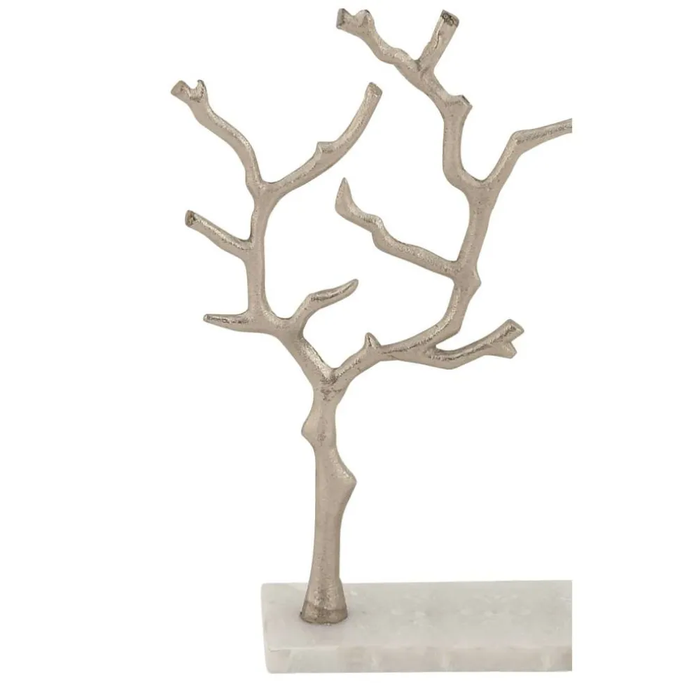 Silver Metal Tree Branch Jewelry Stand With Marble Base, 13" x 9" x 3"