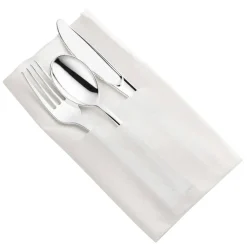 Silver Plastic Cutlery in White Pocket Napkin Set (70 Guests)
