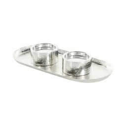 16" Silver Stainless Steel Metal Hammered Candle Holder with Oval Tray Plate