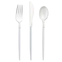 Silver with White Handle Moderno Disposable Plastic Cutlery Set (240 Guests)