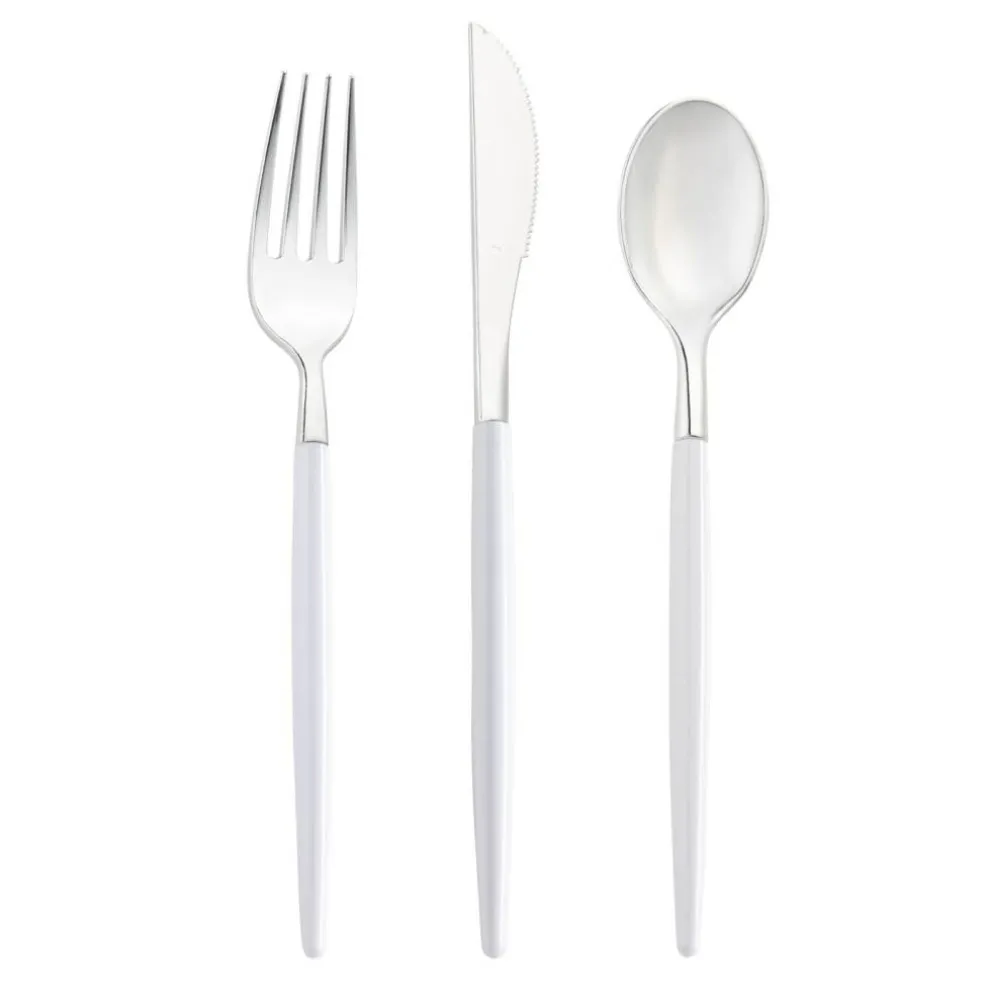 Silver with White Handle Moderno Disposable Plastic Cutlery Set (240 Guests)