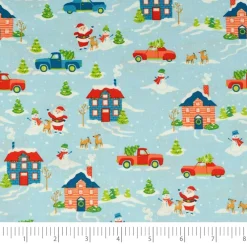 SINGER Blue Santa's Village Cotton Fabric