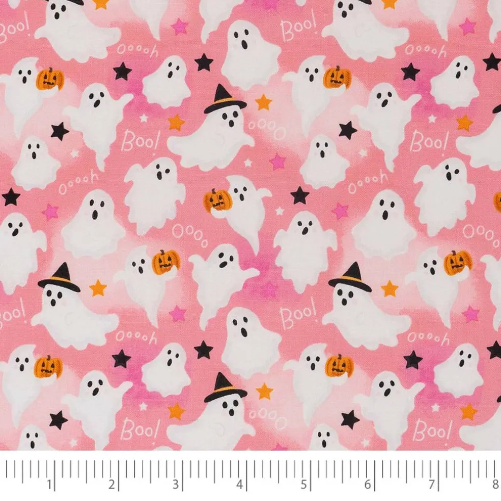 SINGER Ghosts with Stars Print on Pink Cotton Fabric