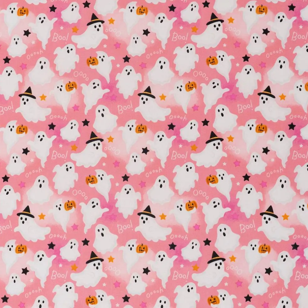 SINGER Ghosts with Stars Print on Pink Cotton Fabric