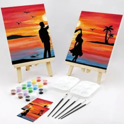 Sip and Paint Kit for Couples, 2 Pack Pre-Drawn Canvas Painting Set 8x10 Inch Date Night DIY Art Kit with Acrylic Paints, Brushes & Palettes, Dancing Couple Sunset Beach Paint Party Set for Adults